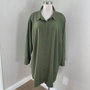 Susan Graver Woman Plus 4XP Olive Green Button UpTunic Shirt Pockets Long Sleeve